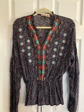 Savanna Jane Black Blouse with Turquoise & Coral Embroidery